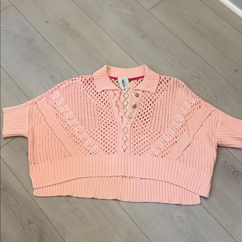 NWT Free People The point Polo Coral Rush Knit Cropped Sweater SZ XS